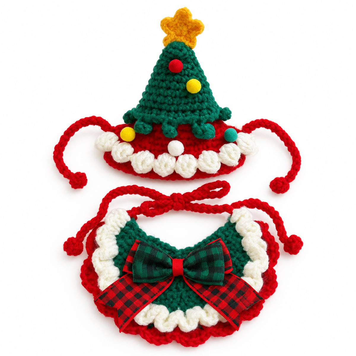Star-Top Tree Hat & Collar Set - Red Plaid Bow