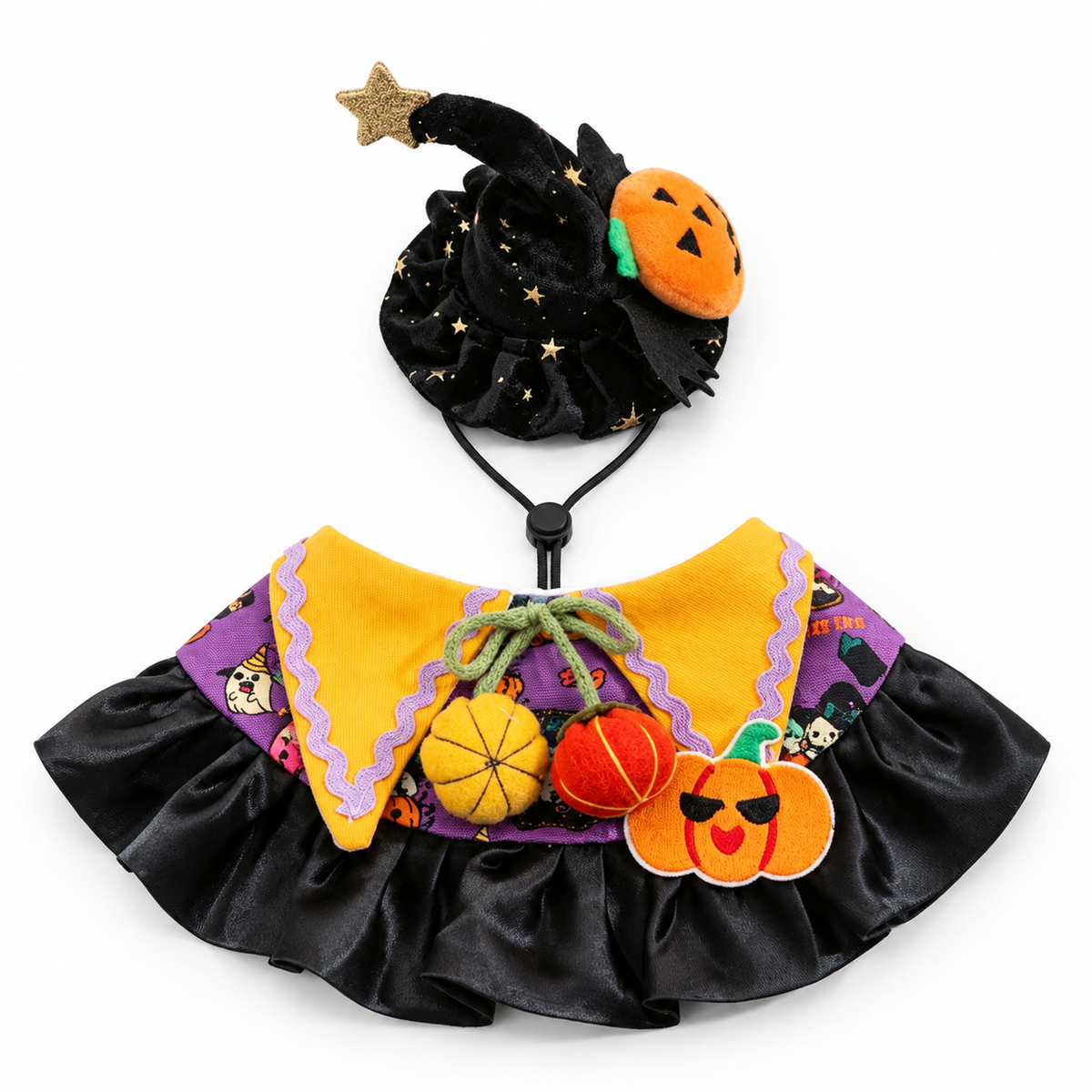 LitterBond Little Witch Collar & Hat Set Pumpkin Charm on white background