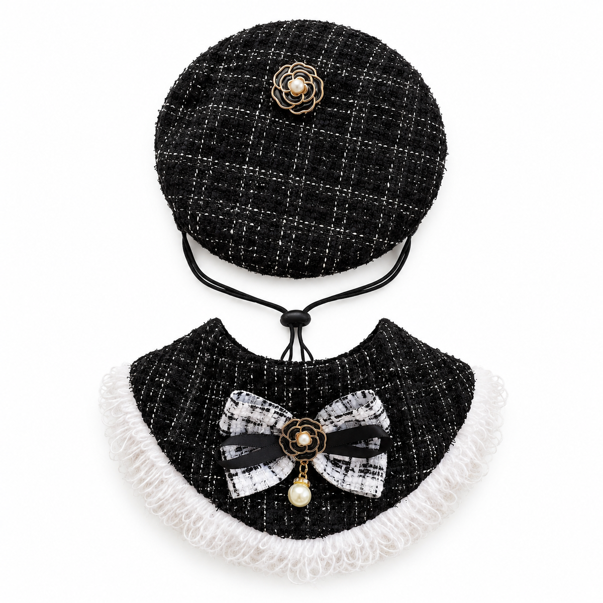 Tweed Fringe Hat & Bib Options - Black Flower Set