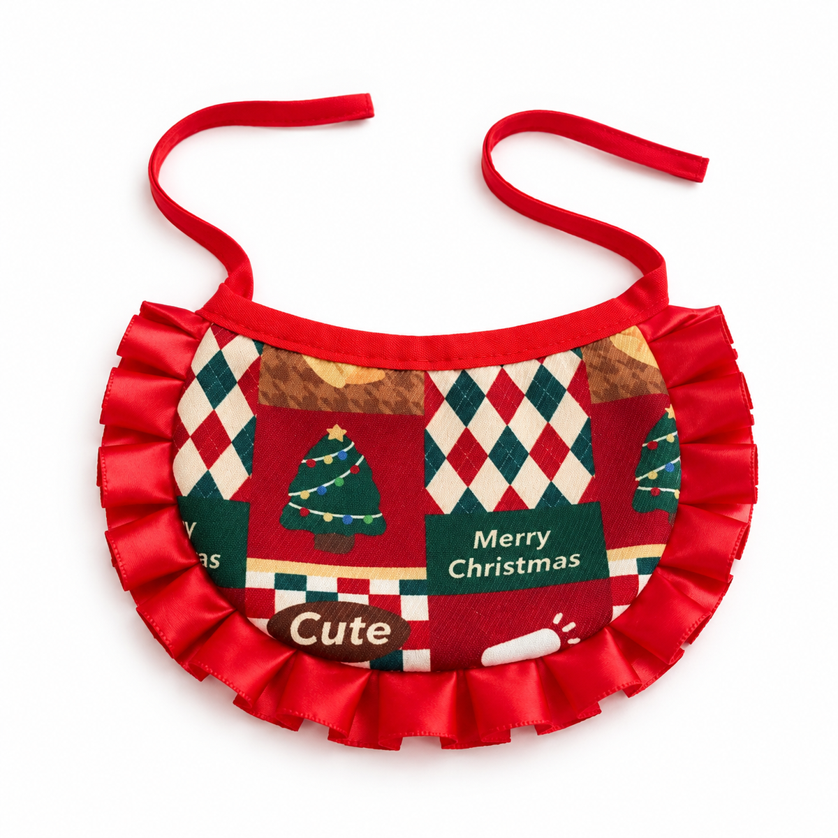 Christmas Print Ruffle Bib - Argyle Tree