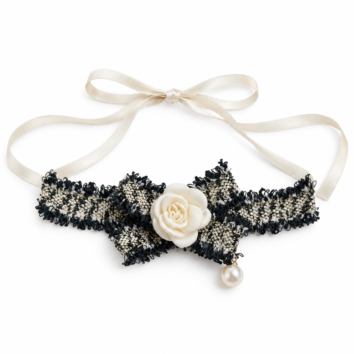 Tweed-Style Flower Ribbon Collar - Black Tweed