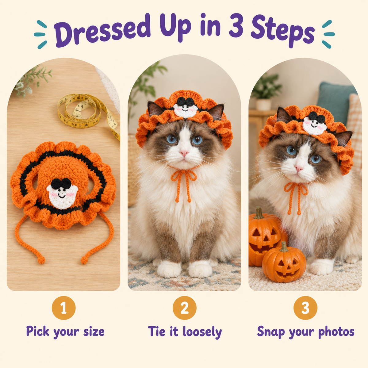 LitterBond Crochet Ruffle-Brim Halloween Hat - how to put it on