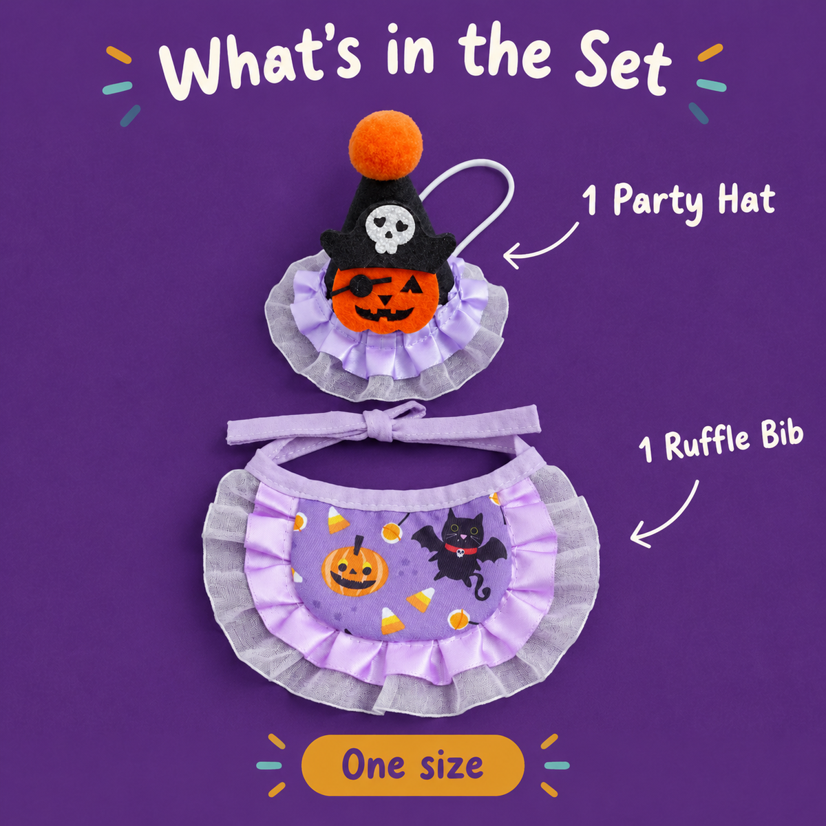 LitterBond Halloween Bib & Party Hat Set - close-up details