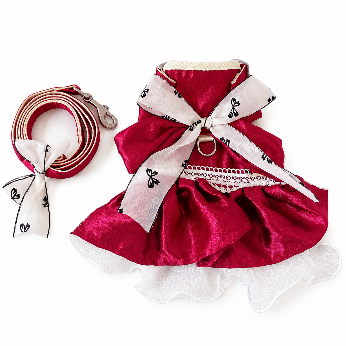 Satin Bow Dress Harness & Leash - Ruby Red