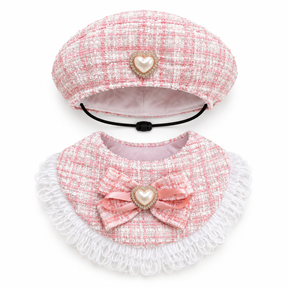 Tweed Fringe Hat & Bib Options - Pink Heart Set