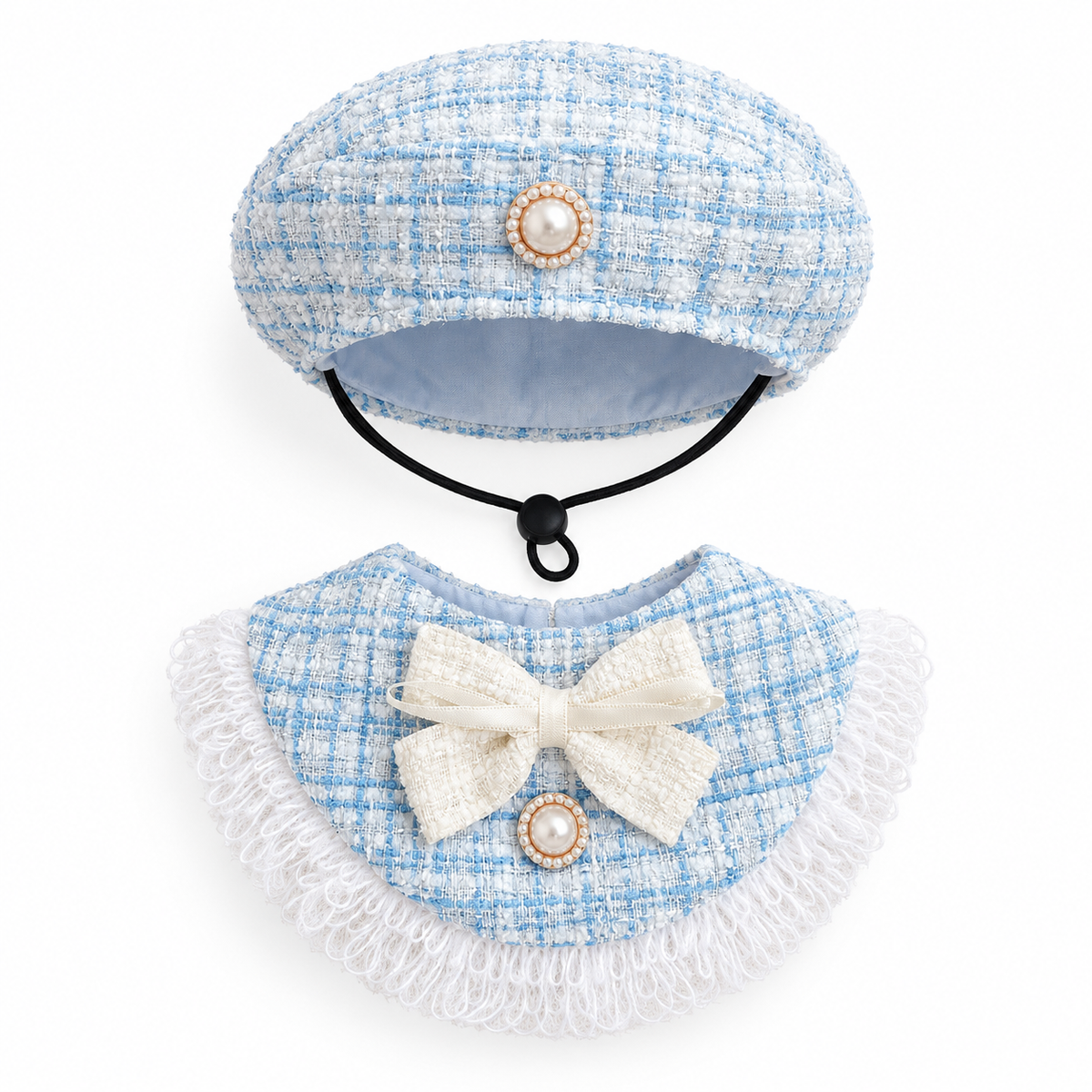 Tweed Fringe Hat & Bib Options - Blue Pearl Set