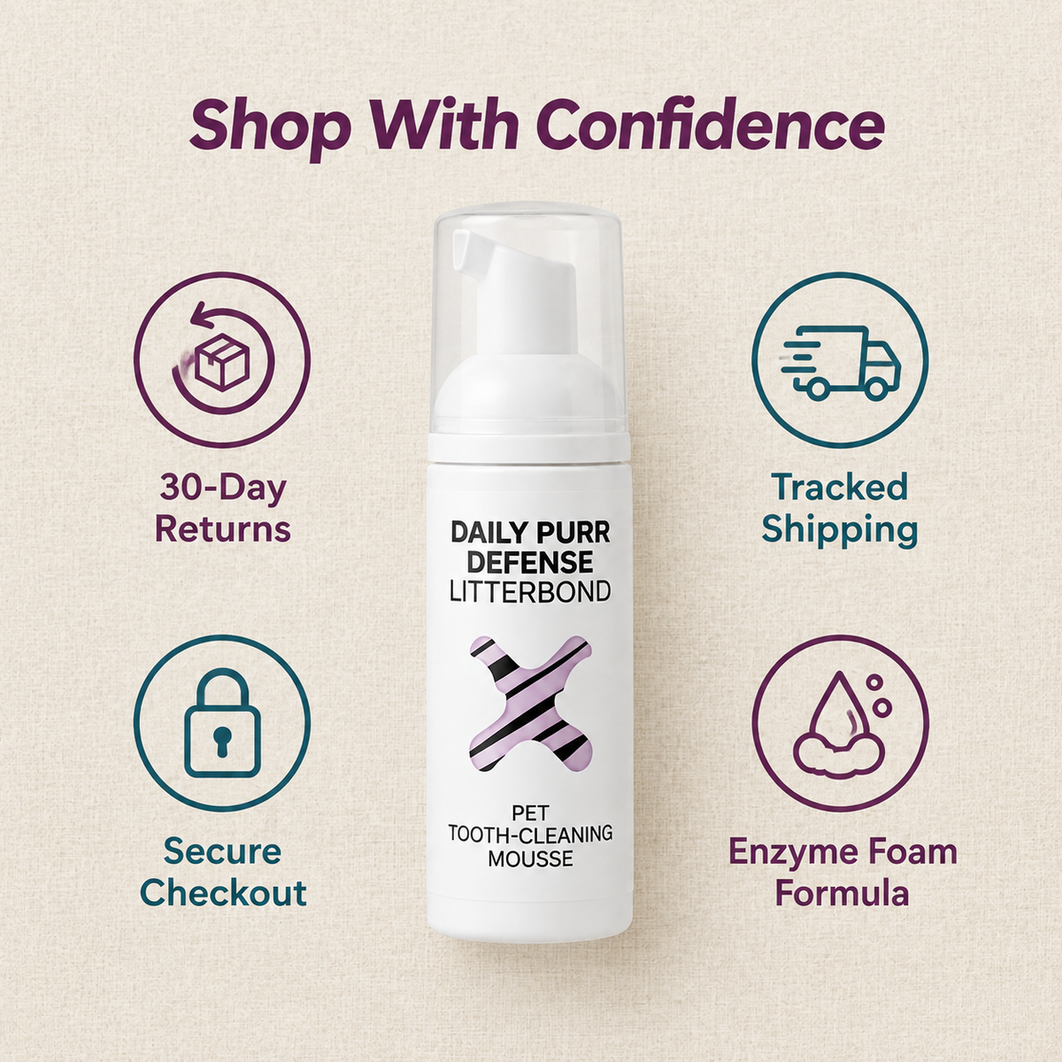 LitterBond Daily Purr Defense Dental Mousse 60 ml - 30-day returns, tracked shipping, secure checkout