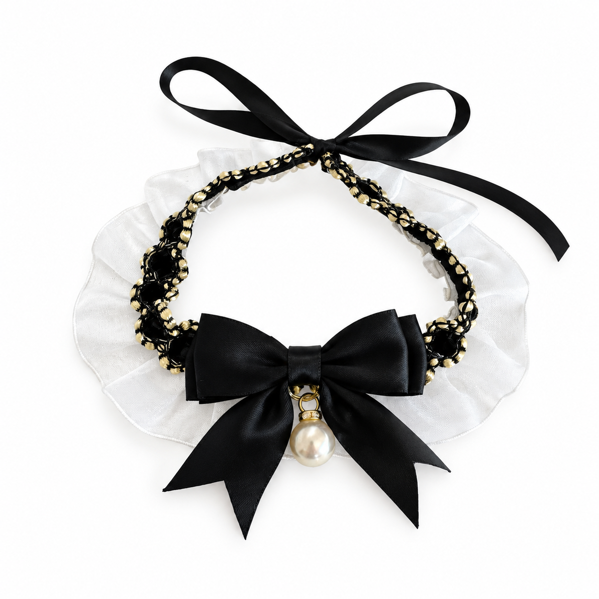 Satin Camellia Ruffle Collar - Black Satin Bow
