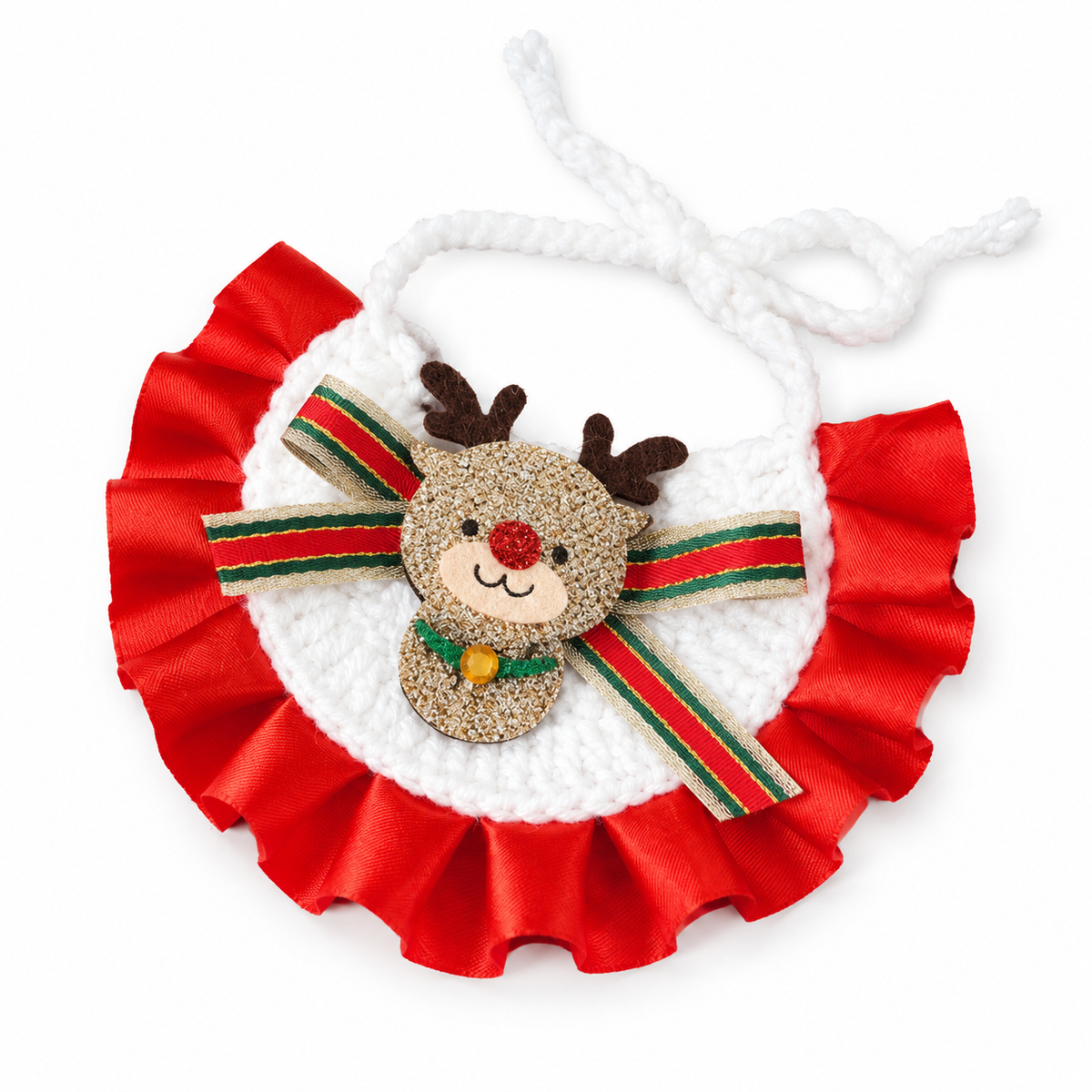 Glitter Patch Satin Ruffle Bib - Red Reindeer
