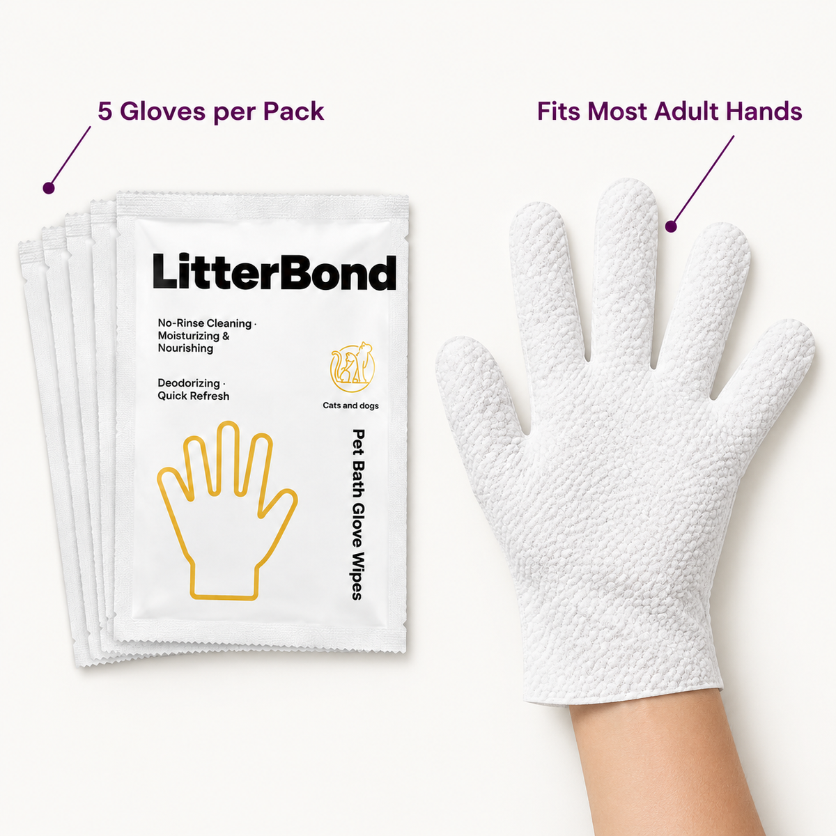 LitterBond Waterless Bath Glove Wipes 5 gloves - size and materials