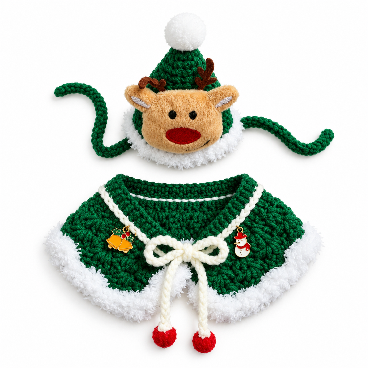 Crochet Christmas Capelet & Hat Set - Green Reindeer Set