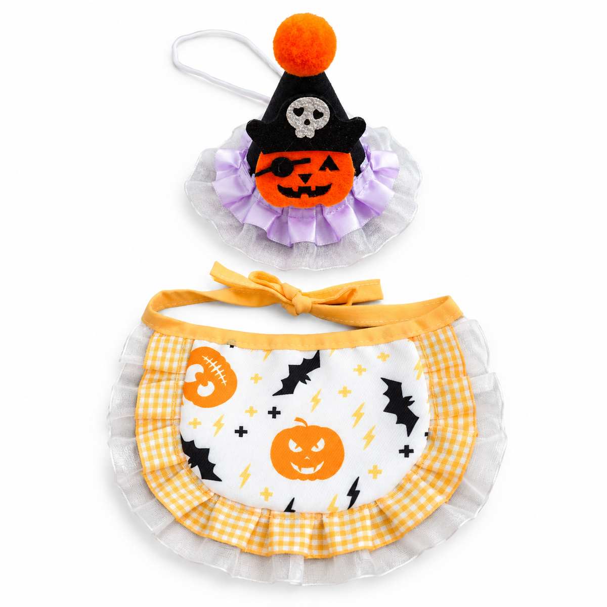 LitterBond Halloween Bib & Party Hat Set White Pumpkin on white background