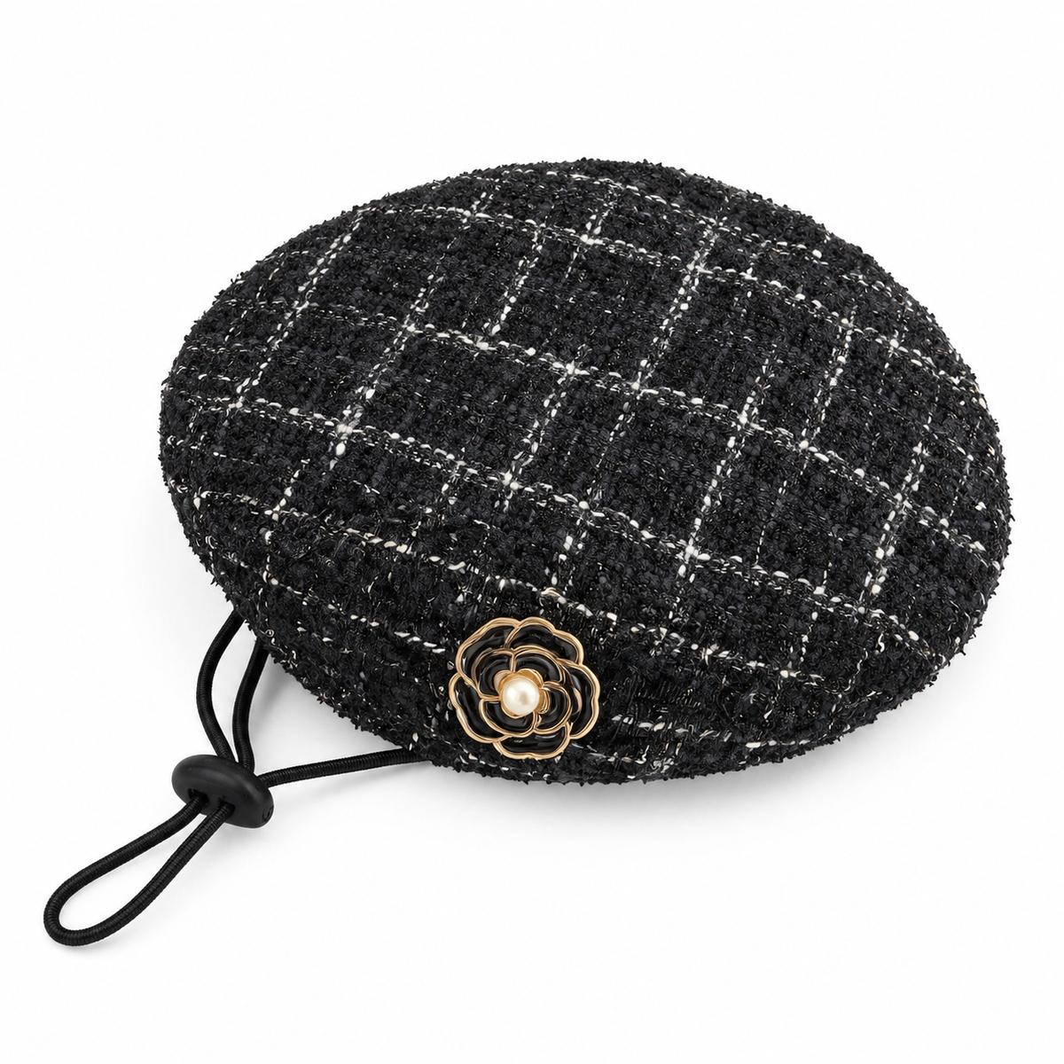 Tweed Fringe Hat & Bib Options - Black Flower Beret Hat