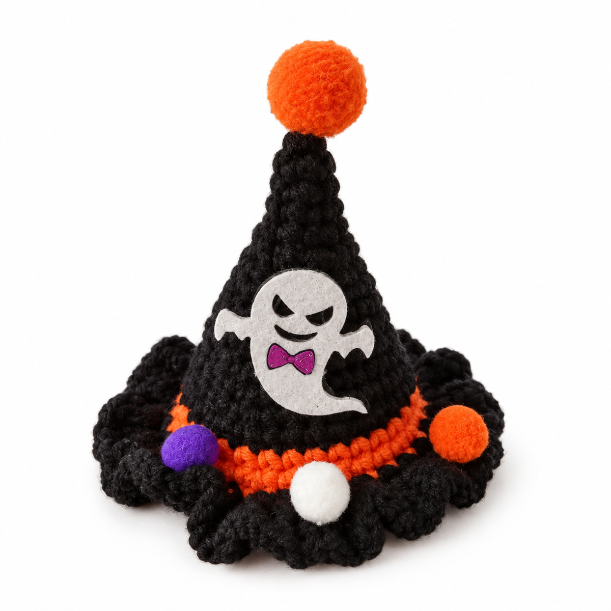 LitterBond Crochet Halloween Witch Hat Black Ghost on white background