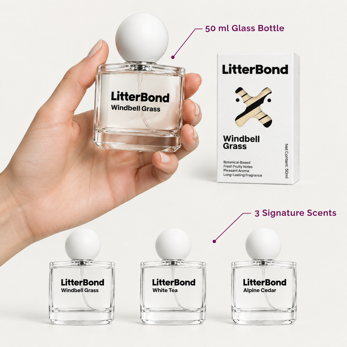 LitterBond Cologne Spray 50 ml 3 scents - size and materials