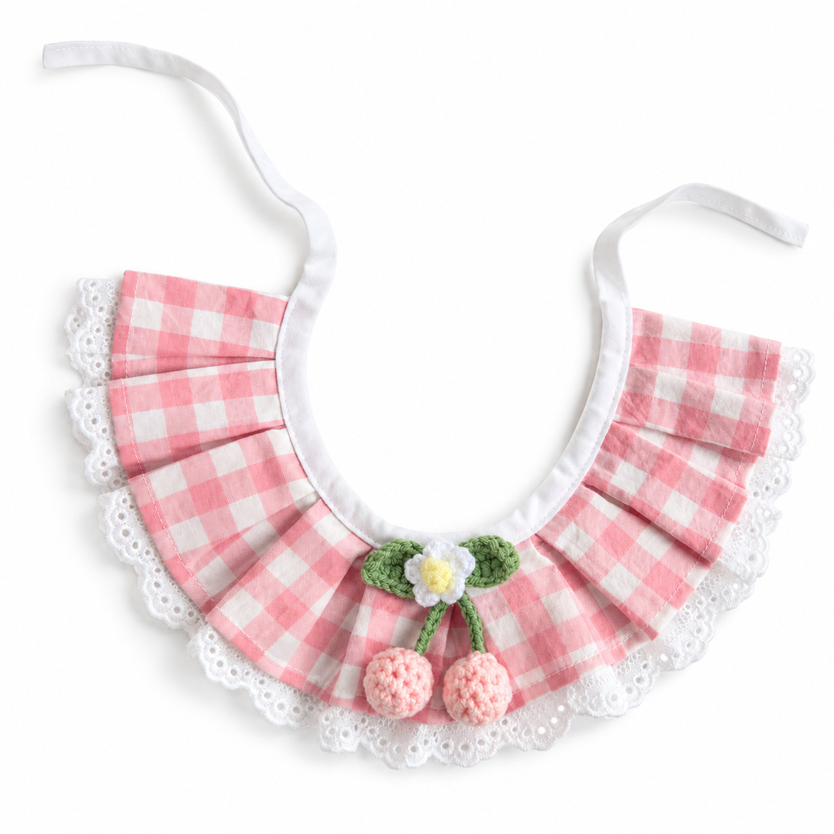 Pleated Gingham Cherry Collar - Pink Gingham