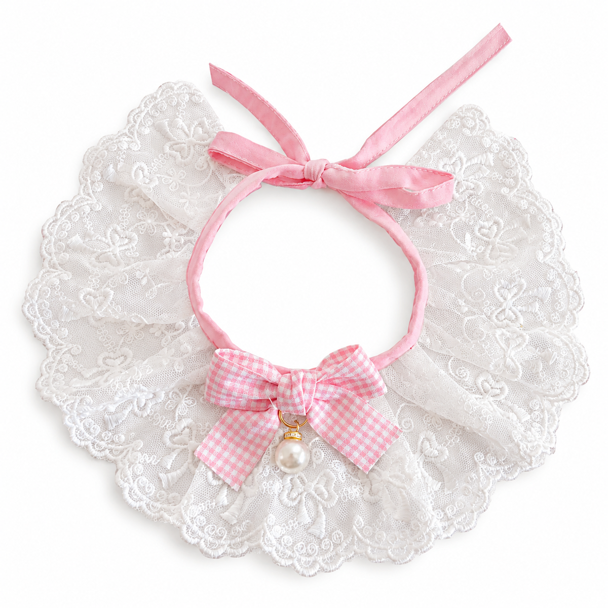 Gingham Bow Lace Collar - Pink Gingham