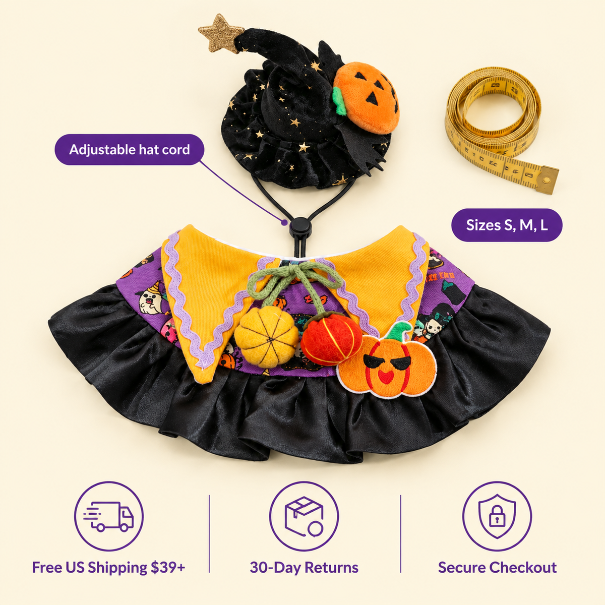 LitterBond Little Witch Collar & Hat Set - size and store policies