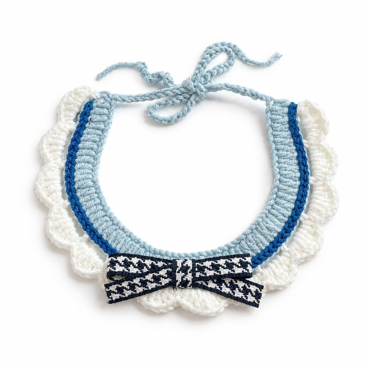 Cream Ruffle Ribbon Bow Collar - Blue Bow