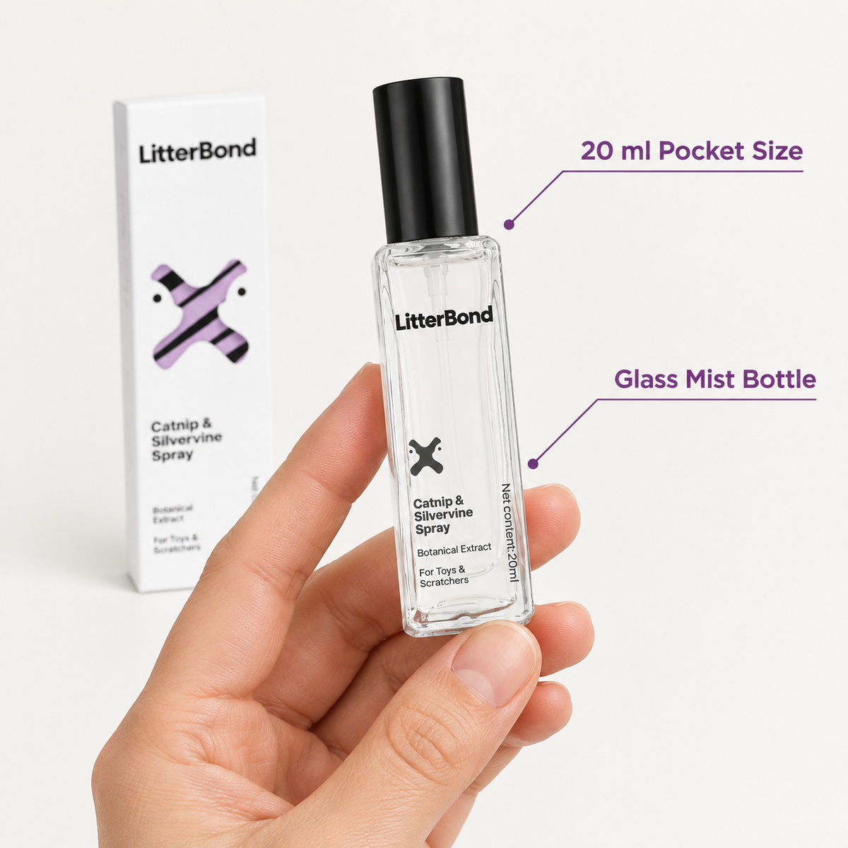 LitterBond Catnip & Silvervine Spray 20 ml - size and materials