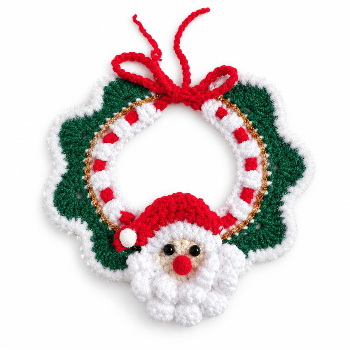 Gold-Thread Santa Wreath Collar - Green Ruffle Red Hat