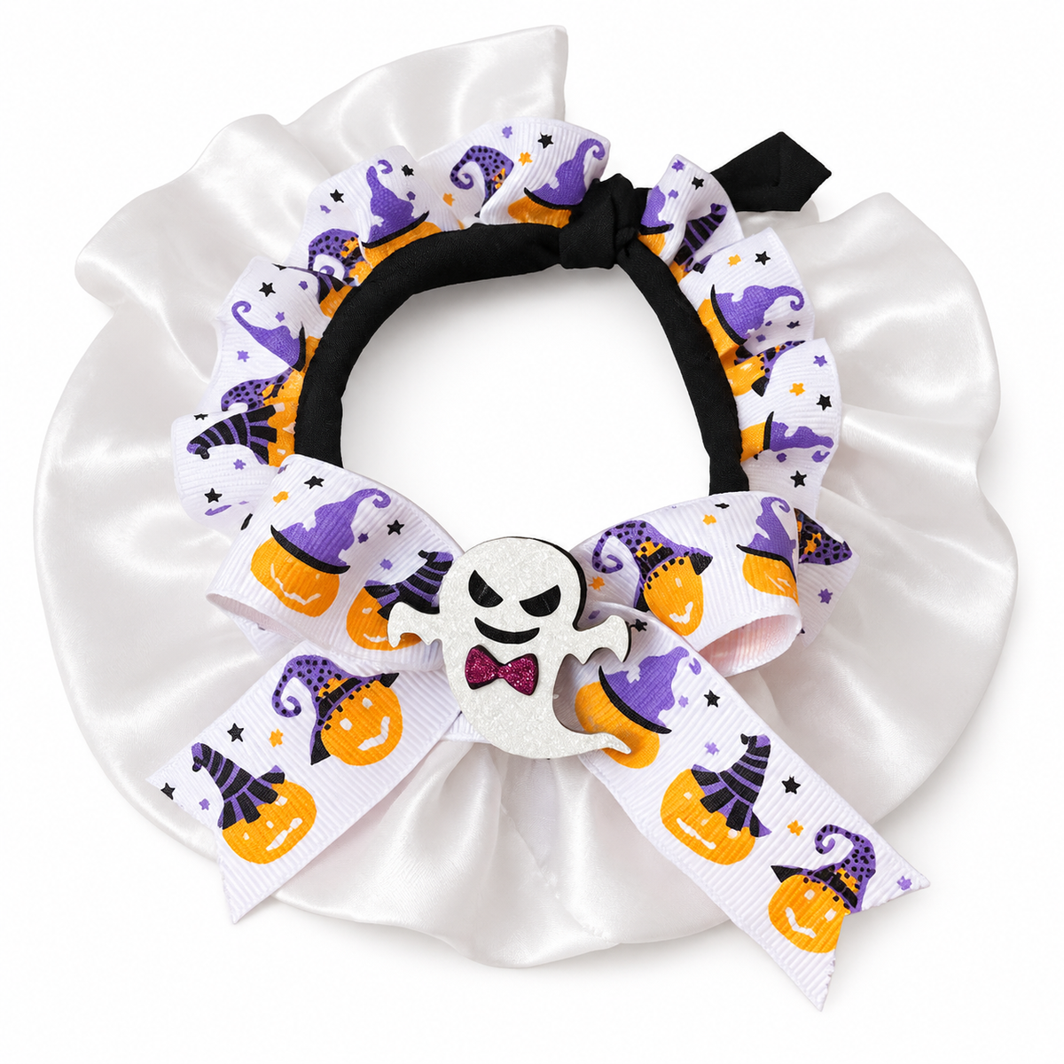 LitterBond Satin Ruffle Halloween Bow Collar White Ghost on white background