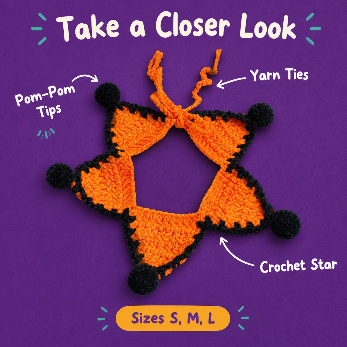 LitterBond Crochet Star Halloween Collar - close-up details