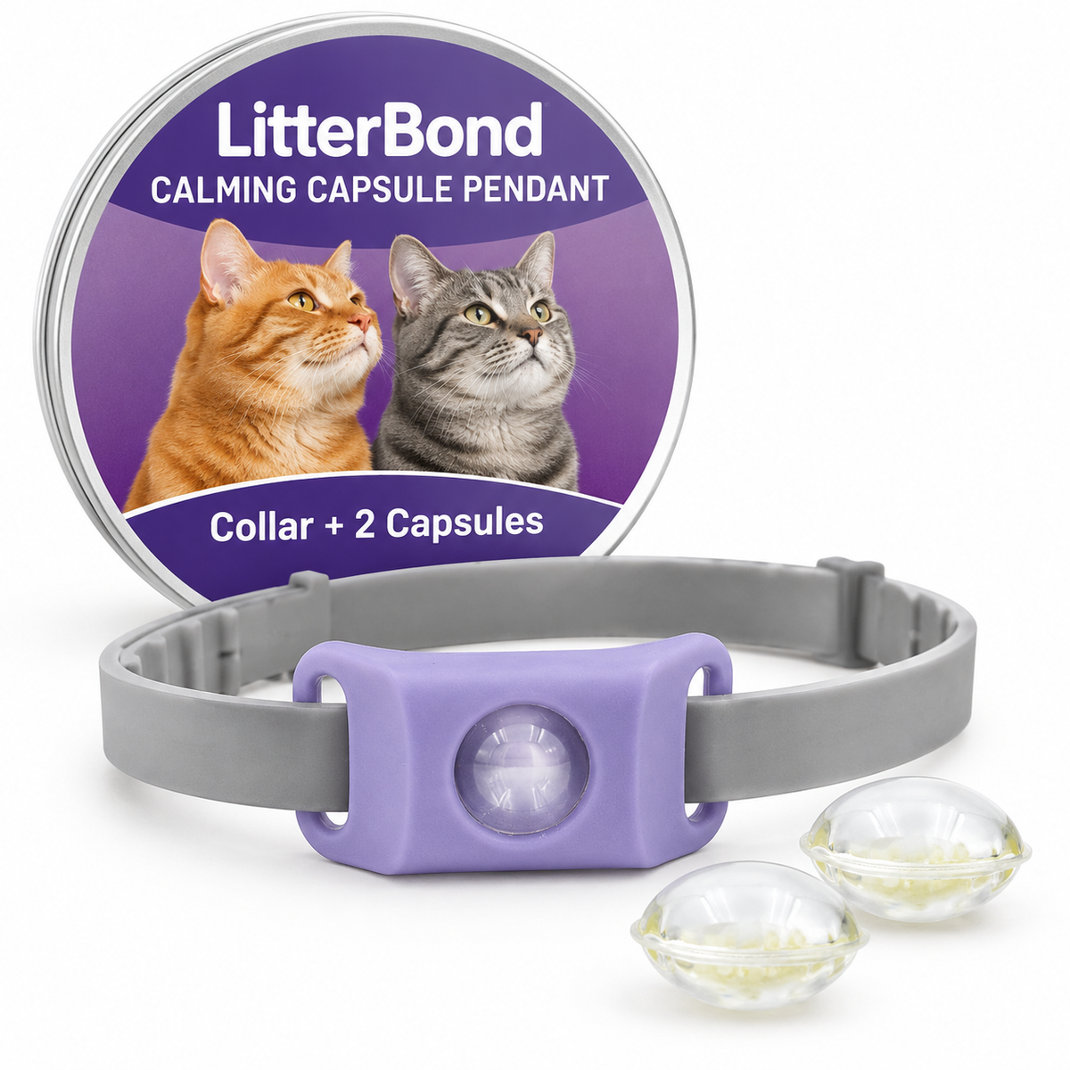 LitterBond Calming Collar Set collar + 2 capsules on white background