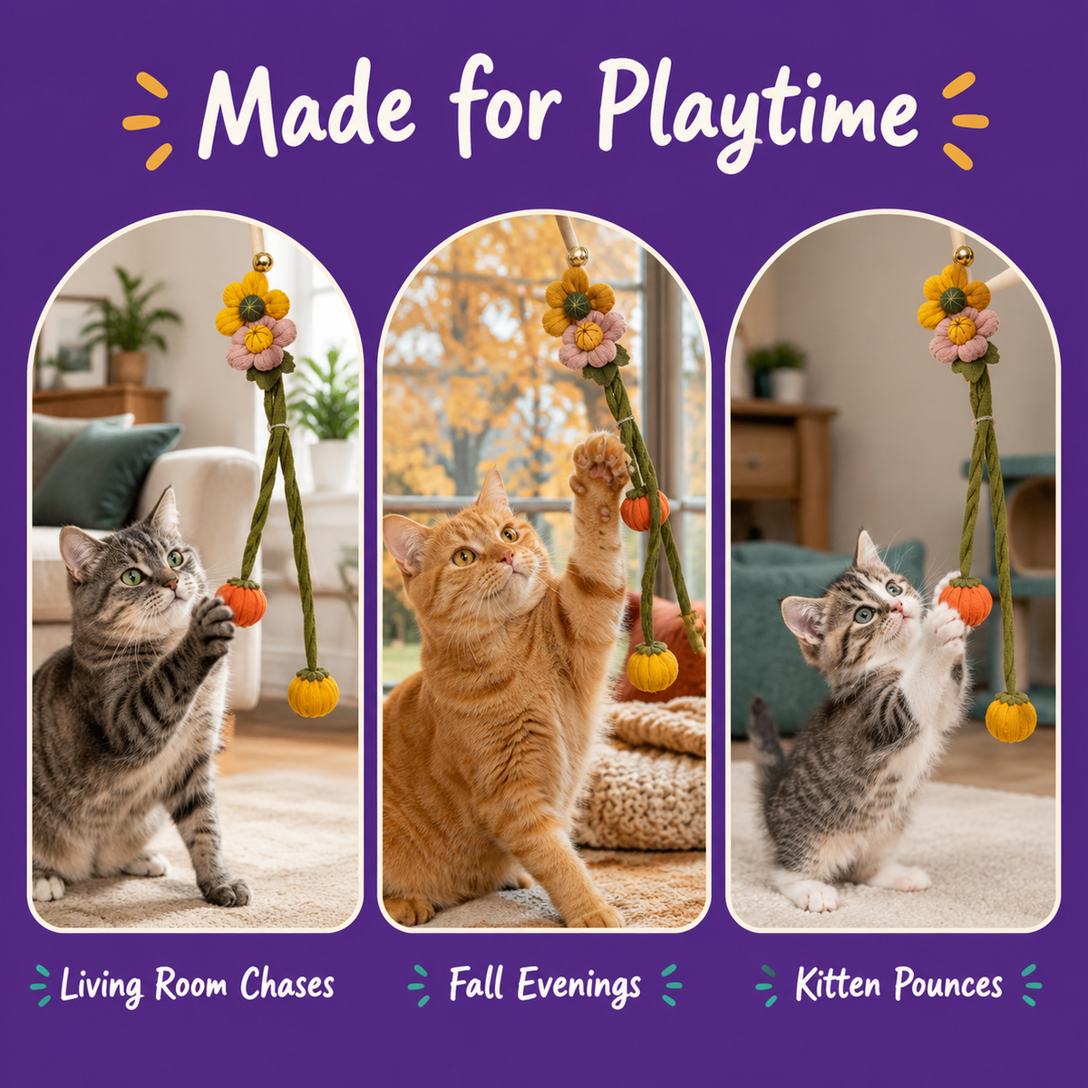 LitterBond Knit Flower & Pumpkin Wand Toy - playtime moments