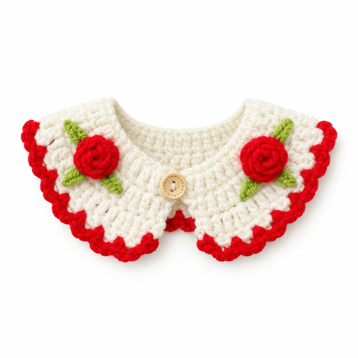 Rose Button Crochet Collar - Ivory Red Roses