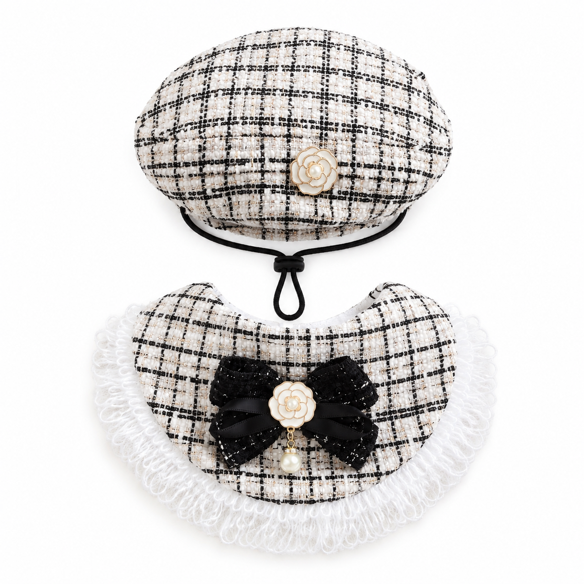 Tweed Fringe Hat & Bib Options - Ivory Flower Set