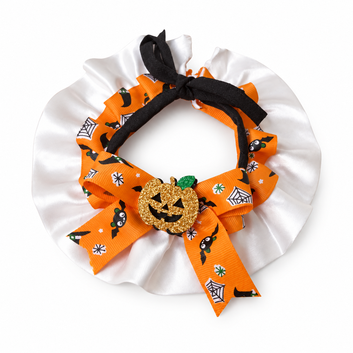 LitterBond Satin Ruffle Halloween Bow Collar Orange Pumpkin on white background