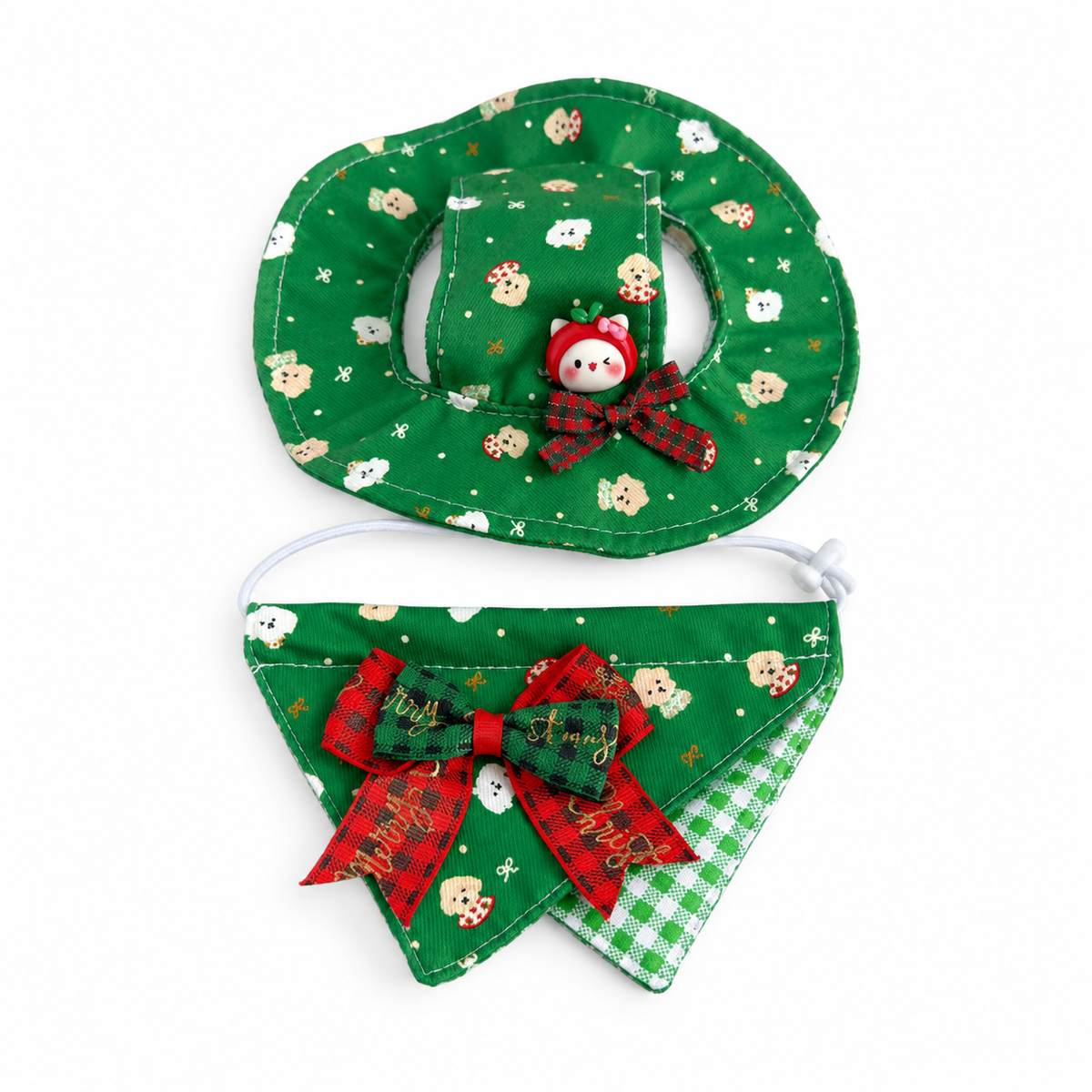 Christmas Bucket Hat & Bandana Set - Green Teddy Print Set
