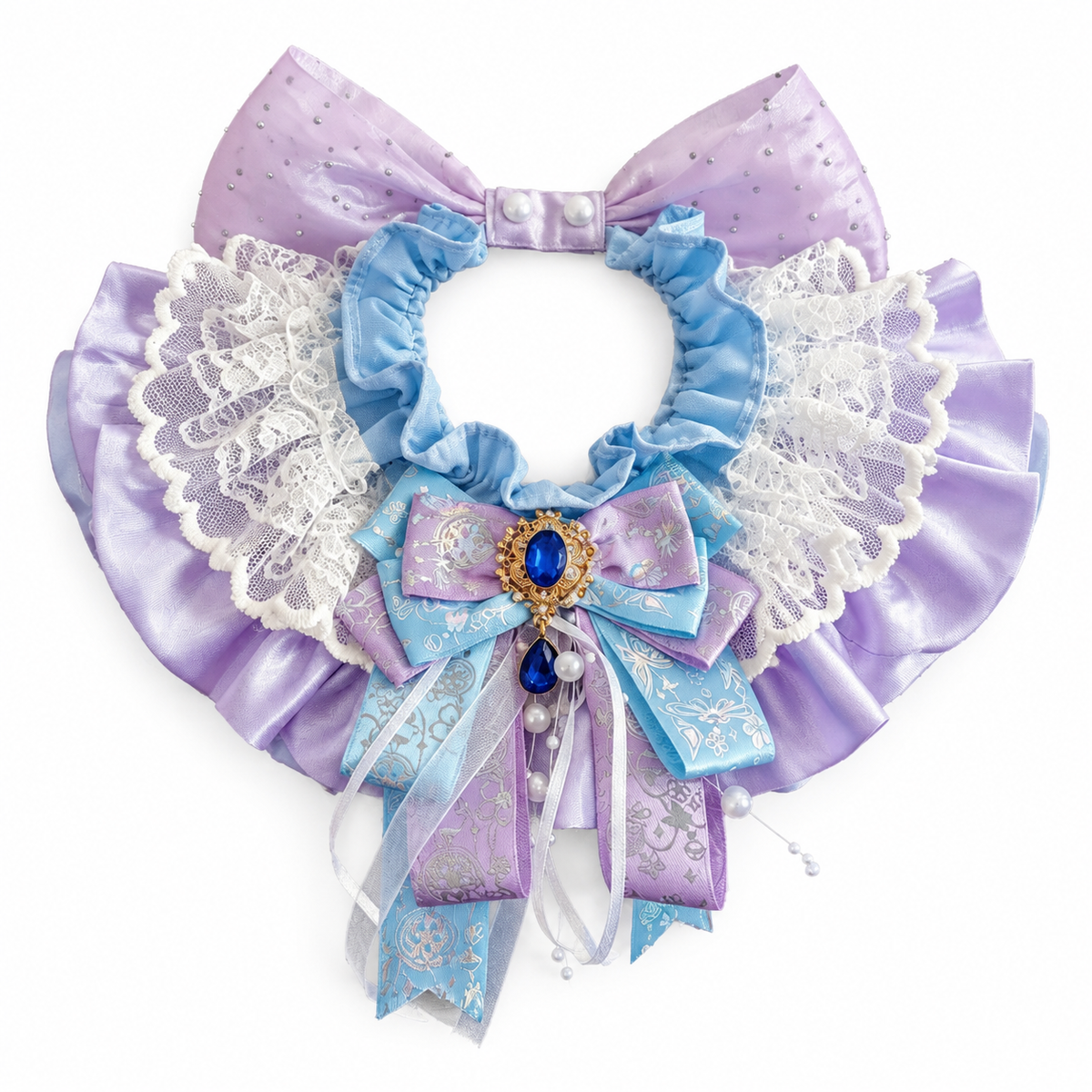 Ornate Ribbon Ruffle Collar - Blue Lavender Jewel