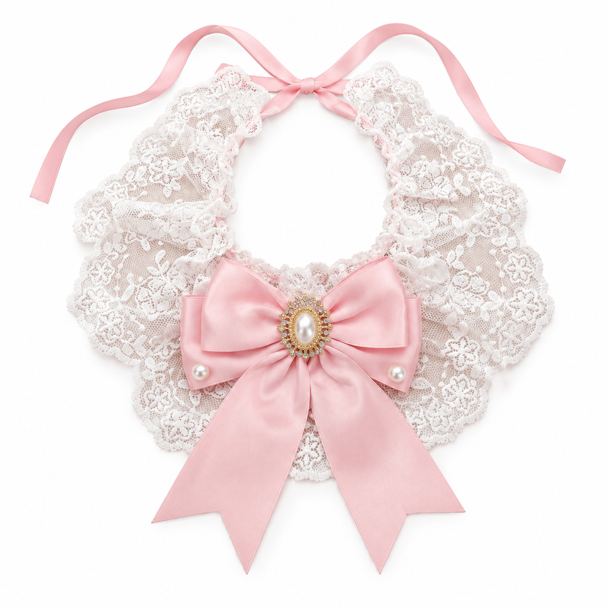 Pearl Center Lace Bow Ruffle - Pink Satin Bow