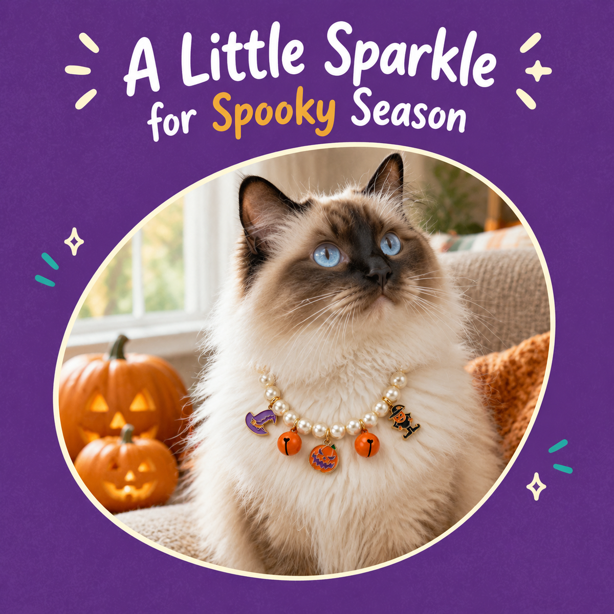 LitterBond Halloween Pearl Charm Necklace - how it looks on a cat