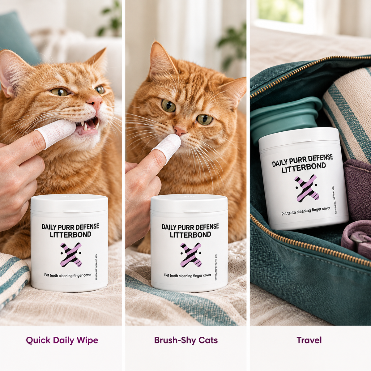 LitterBond PurrWipes Dental Finger Wipes 50 ct - three ways to use it
