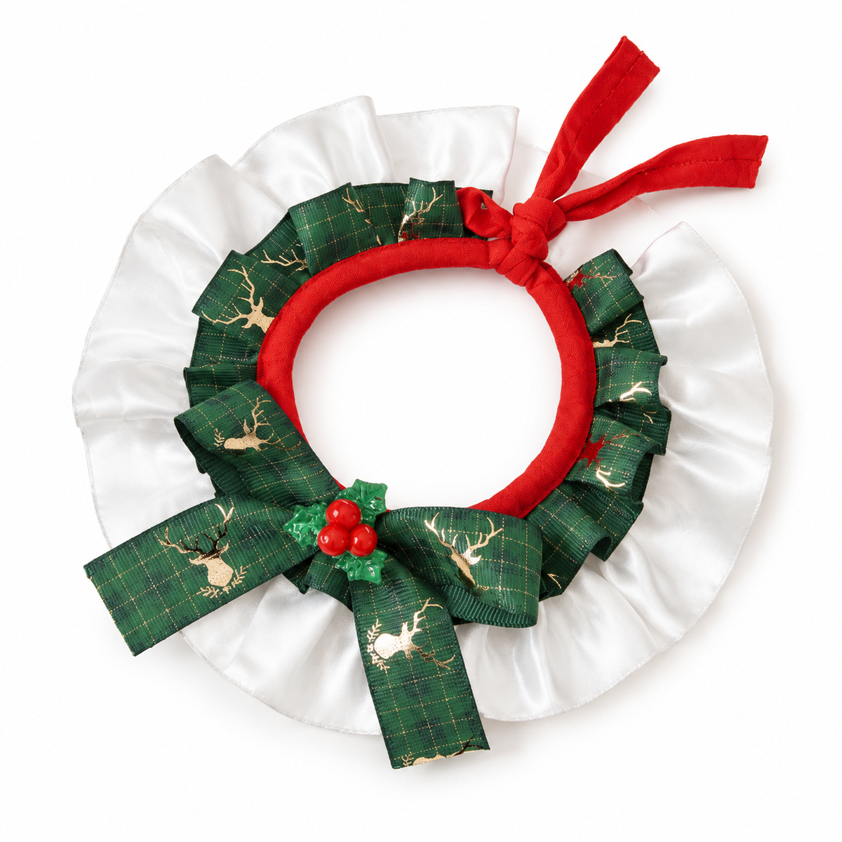Satin Frill Ribbon Bow Collar - Green Plaid Holly