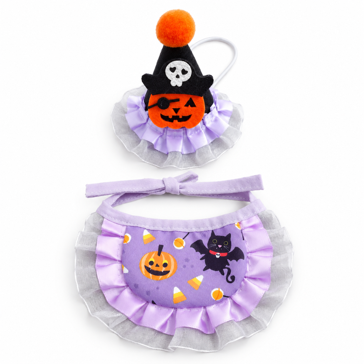 LitterBond Halloween Bib & Party Hat Set Purple Bat Cat on white background