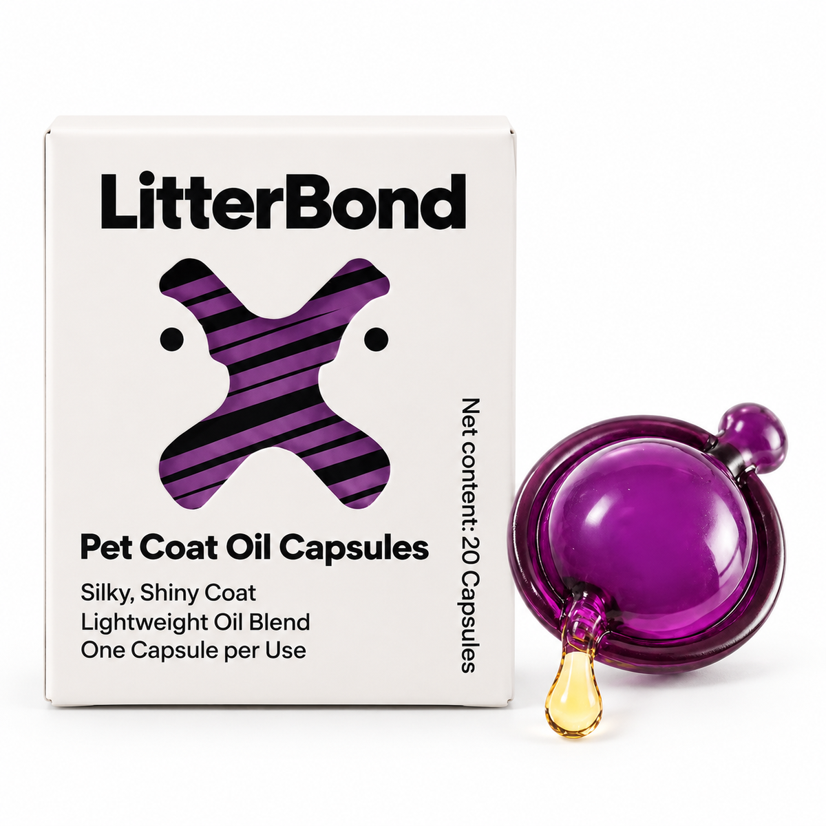 LitterBond Coat Oil Capsules 20 ct on white background