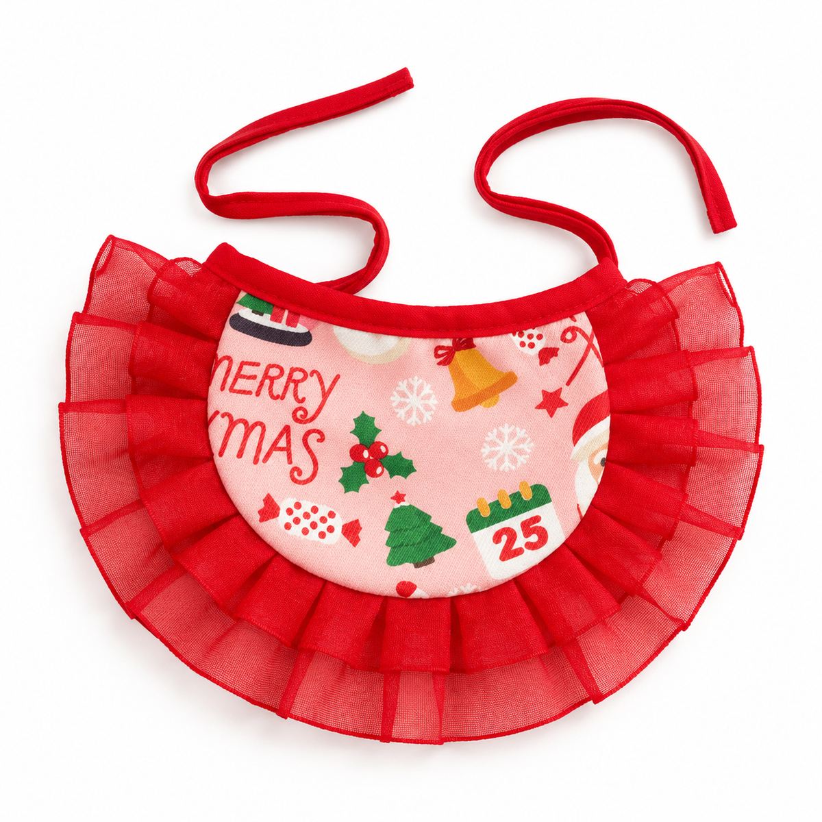 Christmas Print Ruffle Bib - Pink Merry Xmas