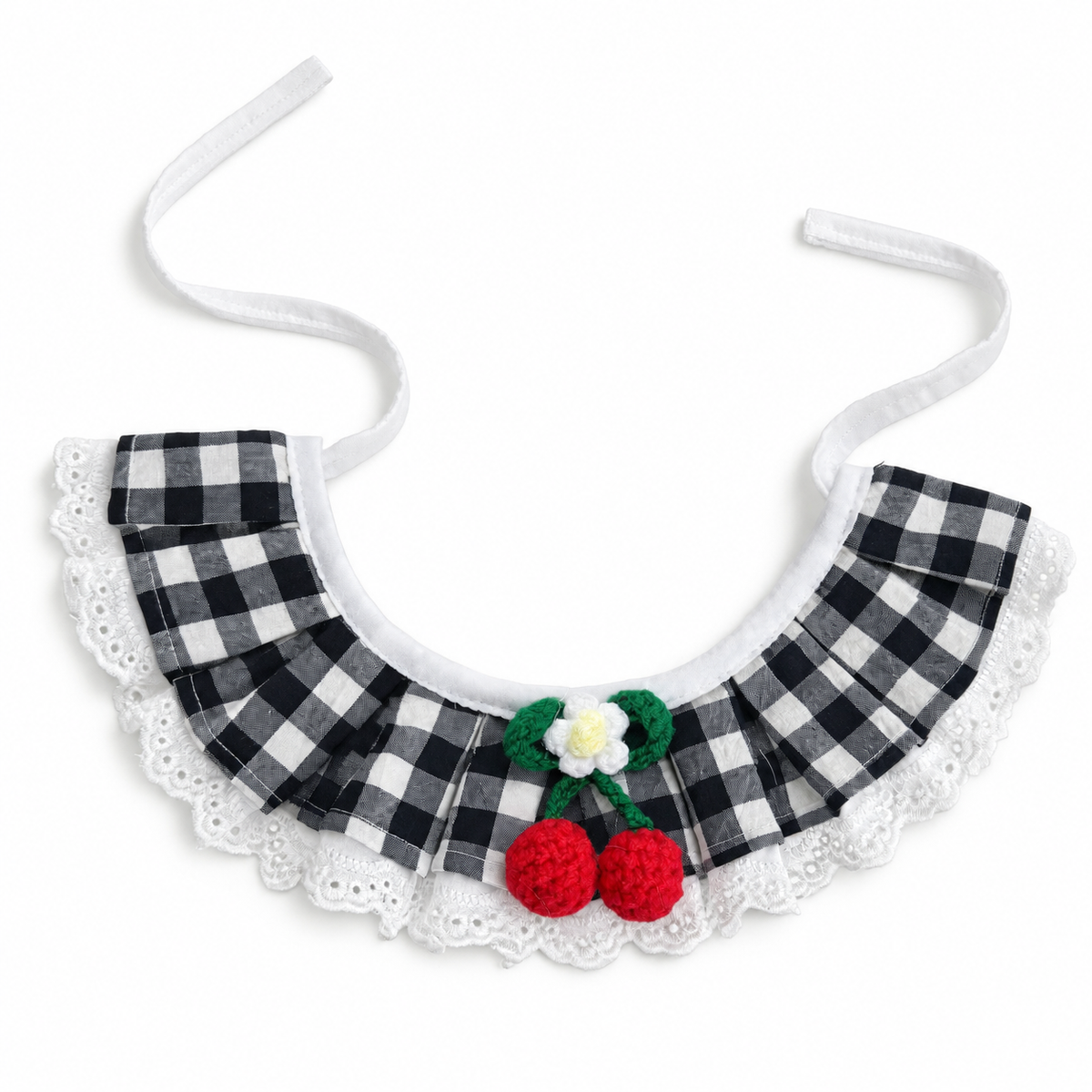 Pleated Gingham Cherry Collar - Black Gingham