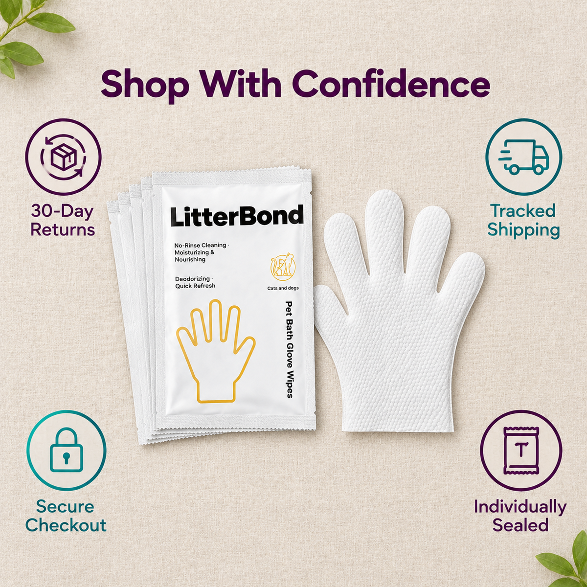 LitterBond Waterless Bath Glove Wipes 5 gloves - 30-day returns, tracked shipping, secure checkout
