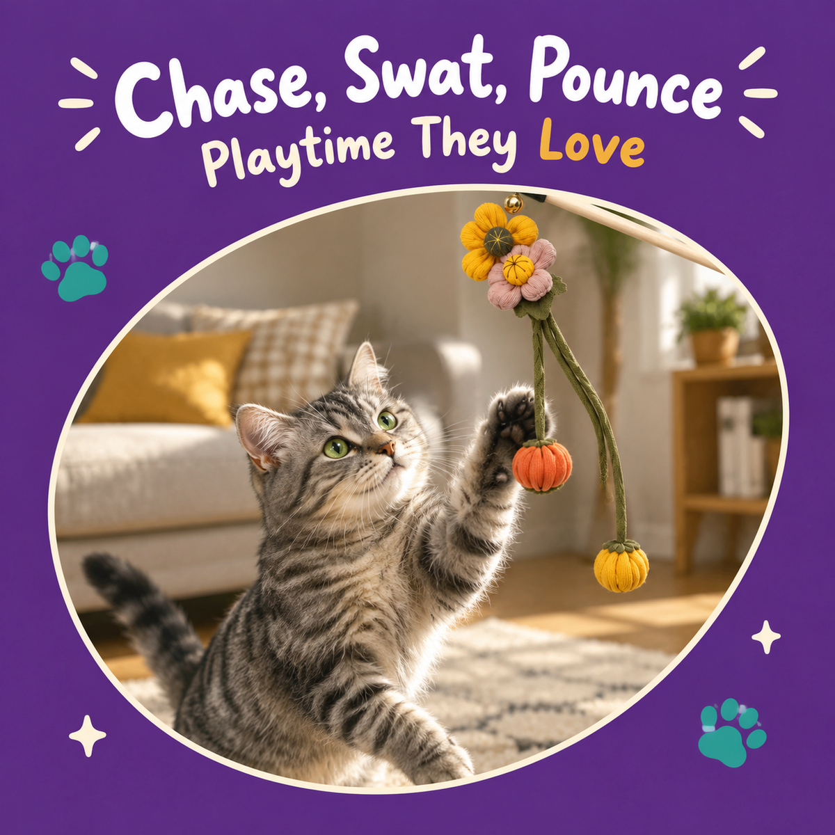 LitterBond Knit Flower & Pumpkin Wand Toy - playtime with a cat