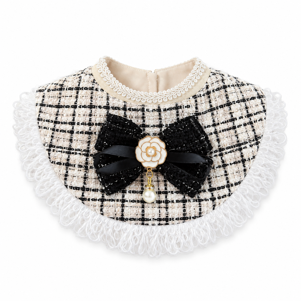 Tweed Fringe Hat & Bib Options - Ivory Flower Fringe Bib