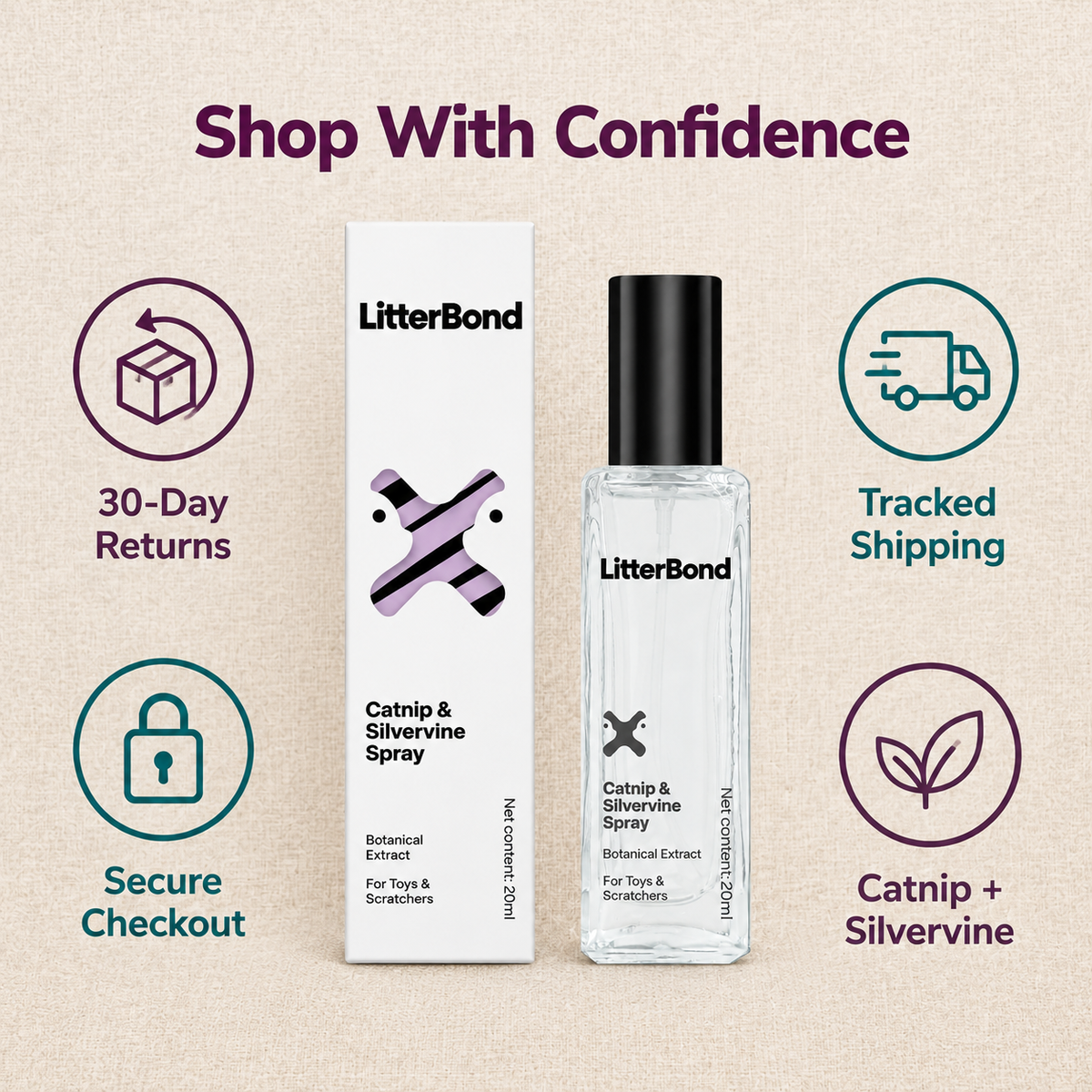 LitterBond Catnip & Silvervine Spray 20 ml - 30-day returns, tracked shipping, secure checkout