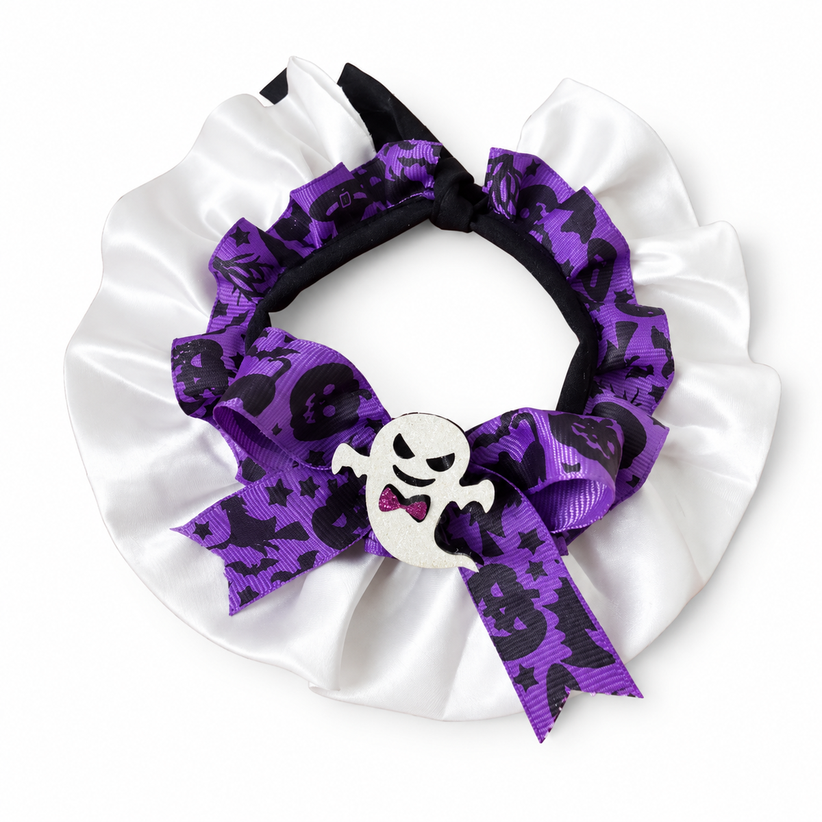 LitterBond Satin Ruffle Halloween Bow Collar Purple Ghost on white background