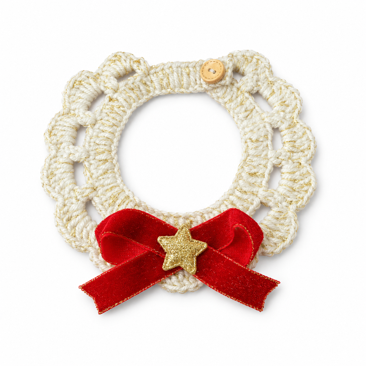 Velvet Bow Crochet Lace Collar - Ivory, Red Bow, No Bell
