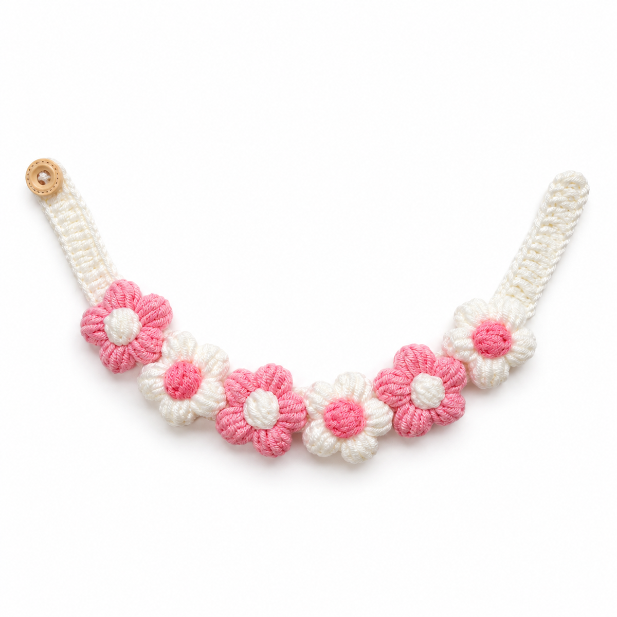 Puff Flower Crochet Collar - Pink White Flowers