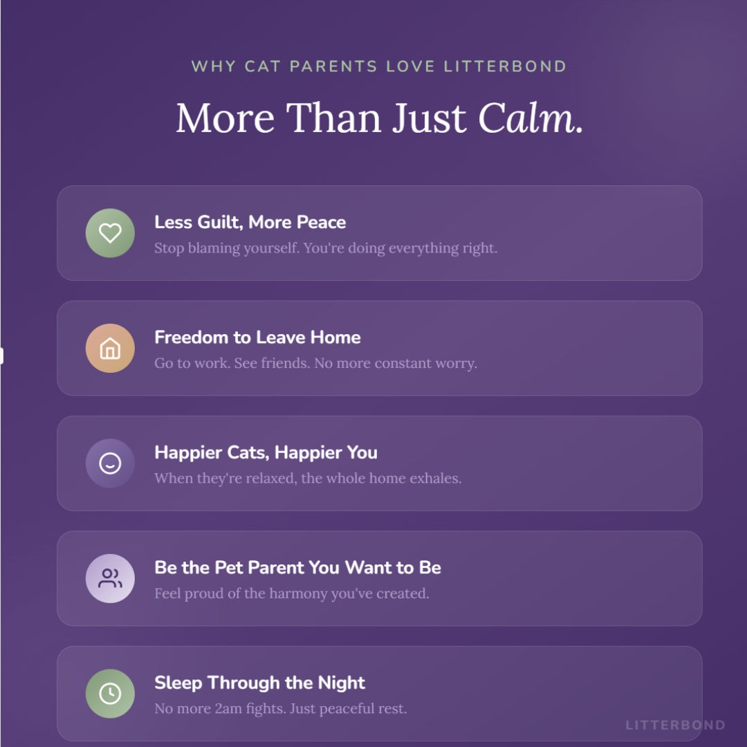 Promotional graphic for LitterBond with benefits listed on a purple background
